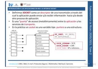F
UNDAMENTOS
DE
R
EDES
2020/2021.
T
EMA
2
• Definimos SOCKET como un descriptor de una transmisión a través del
cual la aplicación puede enviar y/o recibir información hacia y/o desde
otro proceso de aplicación.
• Es una “puerta” de acceso (metafóricamente) entre la aplicación y los
servicios de transporte.
• En la práctica un socket es una variable tipo puntero a una estructura:
0 Familia:
1 Servicio:
2 IP local:
3 IP remota:
4 Puerto local:
5 Puerto remoto:
.... ...
tabla de
descriptores
estructura de datos
para un socket
PF_INET, PF_UNIX,
PF_APPLETALK,…
SOCK_STREAM = TCP,
SOCK_DGRAM = UDP,
SOCK_RAW = IP o inferiores,…
INTRODUCCIÓN A LAS APLICACIONES EN RED: LA INTERFAZ SOCKET
Introducción| DNS | Web | E-mail | Protocolos Seguros | Multimedia | Red local | Ejercicios 7
Reservados todos los derechos. No se permite la explotación económica ni la transformación de esta obra. Queda permitida la impresión en su totalidad.
a64b0469ff35958ef4ab887a898bd50bdfbbe91a-7121228
 