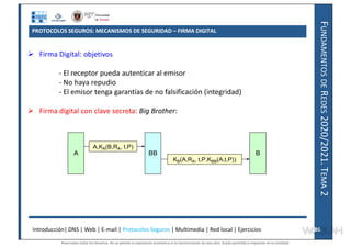 F
UNDAMENTOS
DE
R
EDES
2020/2021.
T
EMA
2
PROTOCOLOS SEGUROS: MECANISMOS DE SEGURIDAD – FIRMA DIGITAL
 Firma Digital: objetivos
- El receptor pueda autenticar al emisor
- No haya repudio
- El emisor tenga garantías de no falsificación (integridad)
 Firma digital con clave secreta: Big Brother:
Introducción| DNS | Web | E-mail | Protocolos Seguros | Multimedia | Red local | Ejercicios 86
86
A
A,KA(B,RA, t,P)
BB B
KB(A,RA, t,P,KBB(A,t,P))
A
A,KA(B,RA, t,P)
BB B
KB(A,RA, t,P,KBB(A,t,P))
Reservados todos los derechos. No se permite la explotación económica ni la transformación de esta obra. Queda permitida la impresión en su totalidad.
a64b0469ff35958ef4ab887a898bd50bdfbbe91a-7121228
 