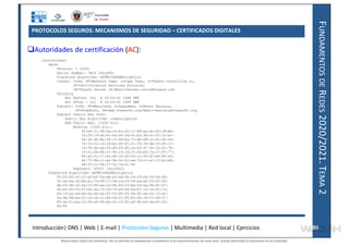 F
UNDAMENTOS
DE
R
EDES
2020/2021.
T
EMA
2
PROTOCOLOS SEGUROS: MECANISMOS DE SEGURIDAD – CERTIFICADOS DIGITALES
Autoridades de certificación (AC):
Introducción| DNS | Web | E-mail | Protocolos Seguros | Multimedia | Red local | Ejercicios 90
90
Certificate:
Data:
Version: 1 (0x0)
Serial Number: 7829 (0x1e95)
Signature Algorithm: md5WithRSAEncryption
Issuer: C=ZA, ST=Western Cape, L=Cape Town, O=Thawte Consulting cc,
OU=Certification Services Division,
CN=Thawte Server CA/Email=server-certs@thawte.com
Validity
Not Before: Jul 9 16:04:02 1998 GMT
Not After : Jul 9 16:04:02 1999 GMT
Subject: C=US, ST=Maryland, L=Pasadena, O=Brent Baccala,
OU=FreeSoft, CN=www.freesoft.org/Email=baccala@freesoft.org
Subject Public Key Info:
Public Key Algorithm: rsaEncryption
RSA Public Key: (1024 bit)
Modulus (1024 bit):
00:b4:31:98:0a:c4:bc:62:c1:88:aa:dc:b0:c8:bb:
33:35:19:d5:0c:64:b9:3d:41:b2:96:fc:f3:31:e1:
66:36:d0:8e:56:12:44:ba:75:eb:e8:1c:9c:5b:66:
70:33:52:14:c9:ec:4f:91:51:70:39:de:53:85:17:
16:94:6e:ee:f4:d5:6f:d5:ca:b3:47:5e:1b:0c:7b:
c5:cc:2b:6b:c1:90:c3:16:31:0d:bf:7a:c7:47:77:
8f:a0:21:c7:4c:d0:16:65:00:c1:0f:d7:b8:80:e3:
d2:75:6b:c1:ea:9e:5c:5c:ea:7d:c1:a1:10:bc:b8:
e8:35:1c:9e:27:52:7e:41:8f
Exponent: 65537 (0x10001)
Signature Algorithm: md5WithRSAEncryption
93:5f:8f:5f:c5:af:bf:0a:ab:a5:6d:fb:24:5f:b6:59:5d:9d:
92:2e:4a:1b:8b:ac:7d:99:17:5d:cd:19:f6:ad:ef:63:2f:92:
ab:2f:4b:cf:0a:13:90:ee:2c:0e:43:03:be:f6:ea:8e:9c:67:
d0:a2:40:03:f7:ef:6a:15:09:79:a9:46:ed:b7:16:1b:41:72:
0d:19:aa:ad:dd:9a:df:ab:97:50:65:f5:5e:85:a6:ef:19:d1:
5a:de:9d:ea:63:cd:cb:cc:6d:5d:01:85:b5:6d:c8:f3:d9:f7:
8f:0e:fc:ba:1f:34:e9:96:6e:6c:cf:f2:ef:9b:bf:de:b5:22:
68:9f
Reservados todos los derechos. No se permite la explotación económica ni la transformación de esta obra. Queda permitida la impresión en su totalidad.
a64b0469ff35958ef4ab887a898bd50bdfbbe91a-7121228
 