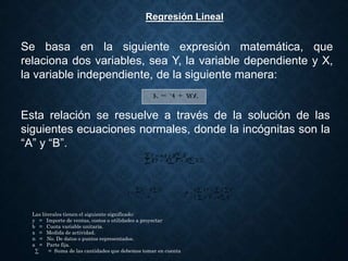 Regresión Lineal
Se basa en la siguiente expresión matemática, que
relaciona dos variables, sea Y, la variable dependiente y X,
la variable independiente, de la siguiente manera:
BX
A
Y 

Esta relación se resuelve a través de la solución de las
siguientes ecuaciones normales, donde la incógnitas son la
“A” y “B”.
 

 




2
X
B
X
A
XY
X
B
nA
Y
  

  






 2
2
;
X
n
X
Y
X
XY
n
B
n
X
B
Y
A
Las literales tienen el siguiente significado:
y = Importe de ventas, costos o utilidades a proyectar
b = Cuota variable unitaria.
x = Medida de actividad.
n = No. De datos o puntos representados.
a = Parte fija.
∑ = Suma de las cantidades que debemos tomar en cuenta
 