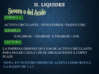 II. LIQUIDEZ
ACTIVO CIRCULANTE - INVENTARIOS / PASIVO CIRC.
FORMULA:
EJEMPLO:
$ 451,000.00 – 250,000.00 / $ 250,000.00 = 0.80
LECTURA:
LA EMPRESA DISPONE DE $ 0.80 DE ACTIVO CIRCULANTE
PARA PAGAR CADA $ 1.00 DE OBLIGACIONES A CORTO
PLAZ0
NOTA: EN NUESTRO MEDIO SE ACEPTA COMO BUENA
LA RAZON DE 1 A 1
 