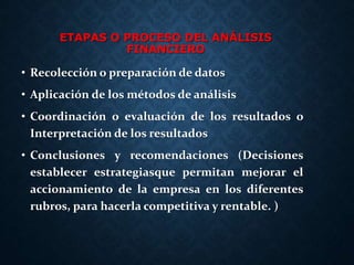ETAPAS O PROCESO DEL ANÁLISIS
FINANCIERO
• Recolección o preparación de datos
• Aplicación de los métodos de análisis
• Coordinación o evaluación de los resultados o
Interpretación de los resultados
• Conclusiones y recomendaciones (Decisiones
establecer estrategiasque permitan mejorar el
accionamiento de la empresa en los diferentes
rubros, para hacerla competitiva y rentable. )
 