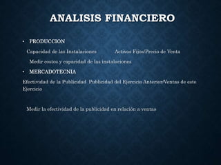 ANALISIS FINANCIERO
• PRODUCCION
Capacidad de las Instalaciones Activos Fijos/Precio de Venta
Medir costos y capacidad de las instalaciones
• MERCADOTECNIA
Efectividad de la Publicidad Publicidad del Ejercicio Anterior/Ventas de este
Ejercicio
Medir la efectividad de la publicidad en relación a ventas
 