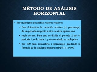 MÉTODO DE ANÁLISIS
HORIZONTAL
• Procedimiento de análisis valores relativos
• Para determinar la variación relativa (en porcentaje)
de un periodo respecto a otro, se debe aplicar una
• regla de tres. Para esto se divide el periodo 2 por el
periodo 1, se le resta 1, y ese resultado se multiplica
• por 100 para convertirlo a porcentaje, quedando la
formula de la siguiente manera: ((P2/P1)-1)*100
 