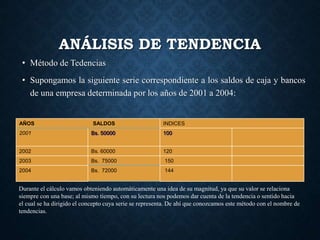 ANÁLISIS DE TENDENCIA
• Método de Tedencias
• Supongamos la siguiente serie correspondiente a los saldos de caja y bancos
de una empresa determinada por los años de 2001 a 2004:
AÑOS SALDOS INDICES
2001 Bs. 50000 100
2002 Bs. 60000 120
2003 Bs. 75000 150
2004 Bs. 72000 144
Durante el cálculo vamos obteniendo automáticamente una idea de su magnitud, ya que su valor se relaciona
siempre con una base; al mismo tiempo, con su lectura nos podemos dar cuenta de la tendencia o sentido hacia
el cual se ha dirigido el concepto cuya serie se representa. De ahí que conozcamos este método con el nombre de
tendencias.
 