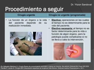 Procedimiento a seguir
Cirugía urgente Cirugía no urgente (programada)
• La función de un órgano o la vida
del paciente depende de su
realización inmediata.
• Electiva: operaciones en las cuales
el tiempo no es determinante para la
vida del paciente.
• Electiva necesaria: el tiempo no es
factor determinante para la vida o
función de algún órgano, pero la
patología puede complicarse si no
se lleva a cabo la intervención.
Dr. Salvador Martinez D. Cirugía Bases de conocimiento quirúrgico y apoyo en trauma. 4ta edición Editorial Mc Graw Hill 2009.
Parrilla P, Landa G. Cirugia AEC (Asociación española de cirujanos) 2da Edicion. Editorial medica Panamericana. 2011.
Dr. Yitzon Sandoval
 