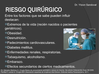 RIESGO QUIRÚRGICO
Entre los factores que se sabe pueden influir
destacan:
Extremos de la vida (recién nacidos o pacientes
geriátricos).
Obesidad.
Desnutrición.
Padecimientos cardiovasculares.
Diabetes mellitus.
Enfermedades renales, respiratorias.
Tabaquismo, alcoholismo.
Embarazo.
Efectos secundarios de ciertos medicamentos.
Dr. Salvador Martinez D. Cirugía Bases de conocimiento quirúrgico y apoyo en trauma. 4ta edición Editorial Mc Graw Hill 2009.
Parrilla P, Landa G. Cirugia AEC (Asociación española de cirujanos) 2da Edicion. Editorial medica Panamericana. 2011.
Dr. Yitzon Sandoval
 