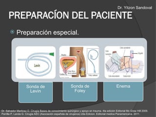  Preparación especial.
PREPARACÍON DEL PACIENTE
Dr. Salvador Martinez D. Cirugía Bases de conocimiento quirúrgico y apoyo en trauma. 4ta edición Editorial Mc Graw Hill 2009.
Parrilla P, Landa G. Cirugia AEC (Asociación española de cirujanos) 2da Edicion. Editorial medica Panamericana. 2011.
Dr. Yitzon Sandoval
 