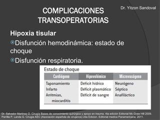 COMPLICACIONES
TRANSOPERATORIAS
Hipoxia tisular
Disfunción hemodinámica: estado de
choque
Disfunción respiratoria.
Dr. Salvador Martinez D. Cirugía Bases de conocimiento quirúrgico y apoyo en trauma. 4ta edición Editorial Mc Graw Hill 2009.
Parrilla P, Landa G. Cirugia AEC (Asociación española de cirujanos) 2da Edicion. Editorial medica Panamericana. 2011.
Dr. Yitzon Sandoval
 
