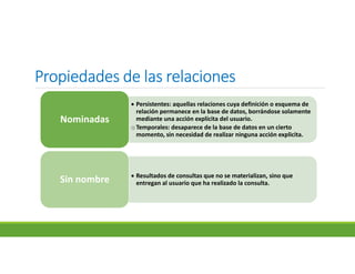Propiedades de las relacionesPropiedades de las relacionesPropiedades de las relacionesPropiedades de las relaciones
 Persistentes: aquellas relaciones cuya definición o esquema de
relación permanece en la base de datos, borrándose solamente
mediante una acción explícita del usuario.
oTemporales: desaparece de la base de datos en un cierto
momento, sin necesidad de realizar ninguna acción explicita.
Nominadas
 Resultados de consultas que no se materializan, sino que
entregan al usuario que ha realizado la consulta.Sin nombre
 