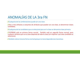 ANOMALÍAS DE LA 3ra FNANOMALÍAS DE LA 3ra FNANOMALÍAS DE LA 3ra FNANOMALÍAS DE LA 3ra FN
Cualquiera de las combinaciones puede ser una clave.
Dos o más atributos o conjuntos de atributos que puedan ser una clave, se denominan claves
candidatas.
Cualquiera de las candidatas que se seleccione para ser la clave se denomina clave primaria.
TUTORIAS está en primera forma normal. También está en segunda forma normal, pues
cualquier atributo que no es clave depende de toda la clave (sin importar cual clave candidata se
seleccione).
También está en tercera forma normal porque no tiene dependencias transitivas.
 