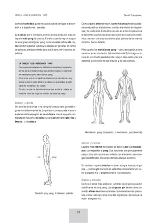 ESCUELA LI PING DE ACUPUNTURA Y MTC Tema2:El yinyelyang
22
LA CABEZA Y LOS MERIDIANOS YANG
Comoveremos más adelante, tambiénlosmeridianos, los canales
por los que la energía circula y llega a todo el cuerpo, se clasifican
en meridianos yin y meridianos yang.
Entre otras, una de las particularidades delos meridianos yang
es que se reúnen todos ellos en la cabeza, ya que ésta es la parte
yang por excelencia del cuerpo.
Por ello, una de las denominaciones que recibe la cabeza en
medicina china es «lugar de reunión de todos los yang».
como la humedad, que en su caso puede dar lugar a disten-
sión o a digestiones pesadas.
La cabeza, por el contrario, como se sitúa arriba del todo, es
laparte más yangdelcuerpo.Porello,cuando hayun ataque
de energías patológicas yang, como el calor o el viento, és-
tas tienden a afectar la cara y la cabeza en general, en forma
de sofocos, enrojecimiento dela piel,fiebre, nerviosismo, et-
cétera.
Delante y detrás
Otra delas divisionesyiny yang delcuerpo esla que distin-
gue entre delantey detrás. La parteyincorresponde alacara
anteriordel troncoylas extremidades, mientras quela par-
te yang se hallaenlaespalda,lacara posteriorde piernas y
brazos, y la cabeza.
yin yang
División yin y yang, II: delante ydetrás
Comola parte anterioresyin,los meridianos yinselocaliza-
rán en el pecho y el abdomen,y en lacarainterior de las pier-
nas y de los brazos.Esta última queda en el mismo plano que
el abdomen cuando la persona se coloca en posición anató-
mica, es decircon brazos abiertosy las palmas de las manos
mirando hacia delante.
Porsuparte, los meridianos yang—conla excepción,como
veremos en su momento, del meridiano del Estómago—cir-
cularán por ellado posterior del cuerpo: la espalda ylacara
externa y posteriordelos brazos y delas piernas.
Meridianos yang (izquierda) y meridianos yin (derecha)
Interior y exterior
La parte más exterior del cuerpo, es decir, la piel y la muscula-
tura, corresponden al yang. Sus funciones son principalmente
yang: como son la zona en contacto con el exterior, se encar-
gandedefender alcuerpo detodoataque externo.
En cambio, la parte interior—carne, sangre huesos, órga-
nos—, es más yin.Su función estambién decarácteryin: nu-
trir al organism o y proporcionarle su estructura.
Órganos y entrañas
Como veremos más adelante, también los órganos pueden
clasificarse en yin y yang. Los órganos yin tienen como co-
metido almacenarlassustanciasconsideradas más precio-
sas, como lasangre olos líquidos orgánicos, de las que se
nutre el organismo.
 