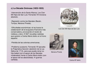 c) La Década Ominosa (1823-1833)
-Intervención de la Santa Alianza. Los Cien
Mil Hijos de San Luis: Fernando VII monarca
absoluto.
-Represión contra los liberales (Bazán,
Torrijos, Mariana Pineda).
-Dificultades económicas: el rey busca la
colaboración de la burguesía financiera más
conservadora, provocando el recelo de
nobleza y clero.1827 revueltas realistas
que quieren a Carlos María Isidro en el trono
español.
-Pérdida de las colonias americanas.
-Problema sucesorio: Fernando VII aprueba
la Prágmática Sanción (abolición de la Ley
Sálica de 1713), para que pueda reinar su
hija Isabel (con el apoyo de los liberales
moderados) frente a Carlos María Isidro (con
el apoyo de los absolutistas)  guerras
carlistas.
Los Cien Mil Hijos de San Luis
Mariana Pineda
Carlos Mª Isidro
 