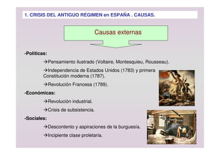 Causas externas
-Políticas:
Pensamiento ilustrado (Voltaire, Montesquieu, Rousseau).
Independencia de Estados Unidos (1783) y primera
Constitución moderna (1787).
Revolución Francesa (1789).
-Económicas:
Revolución industrial.
Crisis de subsistencia.
-Sociales:
Descontento y aspiraciones de la burguesía.
Incipiente clase proletaria.
1. CRISIS DEL ANTIGUO RÉGIMEN en ESPAÑA . CAUSAS.
 