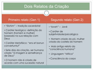 Dois Relatos da Criação 
Primeiro relato (Gen 1) 
• “Elohim” – tradição sacerdotal 
• Caráter teológico: definição do 
homem (homem e mulher) 
baseada na sua relação com 
Deus 
• Caráter Metafísico: “ens et bonun 
convertuntut” 
• Sete dias da criação, ser humano 
criado “à imagem e semelhança 
de Deus” 
• O homem não é criado de 
acordo com uma sucessão natural 
Segundo relato (Gen 2) 
• “Iaveh” – Javé 
• Caráter de 
subjetividade/psicológico 
• Homem criado do pó, mulher 
criada da costela do homem 
• Mais antigo relato da 
“consciência humana” 
• Linguagem “Mítica” 
• Consciência do corpo 
 