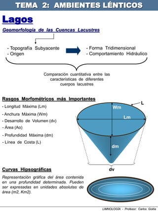 TEMA 2: AMBIENTES LÉNTICOS

Lagos
Geomorfología de las Cuencas Lacustres


  - Topografía Subyacente                   - Forma Tridimensional
  - Origen                                  - Comportamiento Hidráulico



                       Comparación cuantitativa entre las
                         características de diferentes
                              cuerpos lacustres


Rasgos Morfométricos más Importantes
                                                                               L
- Longitud Máxima (Lm)                                      Wm
- Anchura Máxima (Wm)
                                                                   Lm
- Desarrollo de Volumen (dv)
- Área (Ao)
- Profundidad Máxima (dm)
- Línea de Costa (L)
                                                            dm



Curvas Hipsográficas                                     dv
Representación gráfica del área contenida
en una profundidad determinada. Pueden
ser expresadas en unidades absolutas de
área (m2, Km2).



                                                     LIMNOLOGÍA - Profesor: Carlos Goitía
 