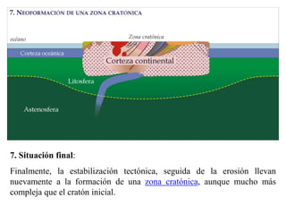 7. Situación final:
Finalmente, la estabilización tectónica, seguida de la erosión llevan
nuevamente a la formación de una zona cratónica, aunque mucho más
compleja que el cratón inicial.
 