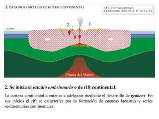 2. Se inicia el estadio embrionario o de rift continental:
La corteza continental comienza a adelgazar mediante el desarrollo de grabens. En
sus inicios el rift se caracteriza por la formación de cuencas lacustres y series
sedimentarias continentales.
 