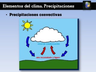 Elementos del clima. Precipitaciones
• Precipitaciones convectivas
 
