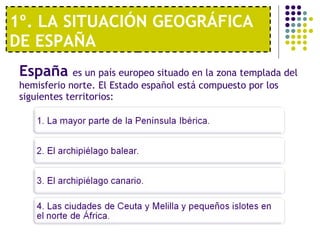 1º. LA SITUACIÓN GEOGRÁFICA DE ESPAÑA España  es un país europeo situado en la zona templada del hemisferio norte. El Estado español está compuesto por los siguientes territorios: 