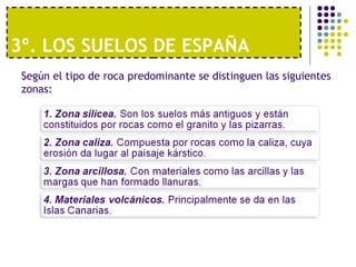 3º. LOS SUELOS DE ESPAÑA  Según el tipo de roca predominante se distinguen las siguientes zonas: 