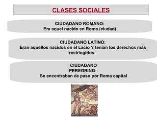 CIUDADANO ROMANO: Era aquel nacido en Roma (ciudad)  CIUDADANO LATINO: Eran aquellos nacidos en el Lacio Y tenían los derechos más restringidos.  CIUDADANO PEREGRINO:  Se encontraban de paso por Roma capital CLASES SOCIALES 