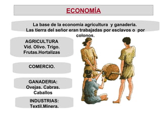 La base de la economía agricultura  y ganaderia.  Las tierra del señor eran trabajadas por esclavos o  por colonos. AGRICULTURA Vid. Olivo. Trigo. Frutas.Hortalizas COMERCIO. GANADERIA: Ovejas. Cabras. Caballos INDUSTRIAS: Textil.Minera. ECONOMÍA 