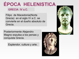 ÉPOCA  HELENISTICA  GRECIA  IV a.C. Posteriormente Alejandro Magno expulsa a los persas y conquista Grecia. Esplendor, cultura y arte. Filipo  de Macedonia(Norte Grecia)  en el siglo IV a.C. se convierte en el dueño absoluto de Grecia.  