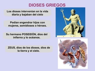 DIOSES GRIEGOS ZEUS, dios de los dioses, dios de la tierra y el cielo.  Su hermano POSEIDÓN, dios del infierno y lo océanos. Los dioses intervenían en la vida diaria y bajaban del cielo Podían engendrar hijos con mujeres, semidioses o héroes. 