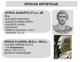 EPOCA AUGUSTO 27 a.c.- 68 D.c. AUGUSTO PONTIFICE. AUGUSTO PRIMA PORTA. AUGUSTO JOVEN. ARA PACIS TEMPLO AUGUSTO 14 D.C. PANTEÓN. 27 A.C. EPOCA FLAVIOS. 69.D.c.- 98 D.c. COLISEO ROMANO 80 D.C. (Tito  Vespasiano ) ARCO TITO. 71 D.C. RETRATO VESPASIANO EPOCAS ARTISTICAS. 