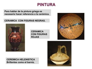 PINTURA Para hablar de la pintura griega es necesario hacer referencia a la cerámica. CERAMICA  CON FIGURAS NEGRAS. CERAMICA CON FIGURAS ROJAS CEREMICA HELENISTICA Brillantes como el barniz. 