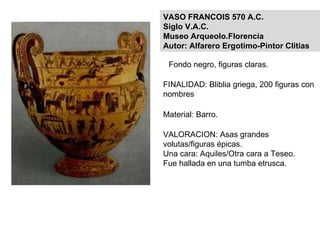 Vaso aceite o perfume. VASO FRANCOIS 570 A.C. Siglo V.A.C. Museo Arqueolo.Florencia Autor: Alfarero Ergotimo-Pintor Clitias Fondo negro, figuras claras. FINALIDAD: Bliblia griega, 200 figuras con nombres Material: Barro. VALORACION: Asas grandes volutas/figuras épicas. Una cara: Aquiles/Otra cara a Teseo.  Fue hallada en una tumba etrusca. 