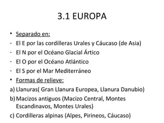 3.1 EUROPA
•  Separado en:
-  El E por las cordilleras Urales y Cáucaso (de Asia)
-  El N por el Océano Glacial Ártico
-  El O por el Océano Atlántico
-  El S por el Mar Mediterráneo
•  Formas de relieve:
a) Llanuras( Gran Llanura Europea, Llanura Danubio)
b) Macizos antiguos (Macizo Central, Montes
   Escandinavos, Montes Urales)
c) Cordilleras alpinas (Alpes, Pirineos, Cáucaso)
 
