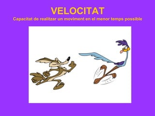 VELOCITAT
Capacitat de realitzar un moviment en el menor temps possible
 