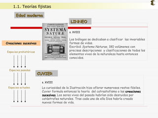 1.1. Teorías fijistas s. XVIII   Los biólogos se dedicaban a clasificar  las invariables formas de vidas.  Escribió  Systema Naturae , 180 volúmenes con precisas descripciones  y clasificaciones de todos los elementos vivos de la naturaleza hasta entonces conocidos. Especies prehistóricas s. XVIII La curiosidad de la Ilustración hizo aflorar numerosos restos fósiles. Cuvier formula entonces la teoría  del catrastofismo o las  creaciones sucesivas . Los seres vivos del pasado habrían sido desruidos por catástrofes naturales. Tras cada una de ella Dios habría creado nuevas formas de vida. Especies pasadas Especies actuales LINNEO CUVIER Edad moderna Creaciones sucesivas 