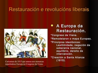 RReessttaauurraacciióónn ee rreevvoolluucciióónnss lliibbeerraaiiss 
 AA EEuurrooppaa ddaa 
RReessttaauurraacciióónn.. 
**CCoonnggrreessoo ddee VViieennaa.. 
**RReemmooddeellaarroonn oo mmaappaa EEuurrooppeeoo.. 
**PPrriinncciippiiooss iiddeeoollóóxxiiccooss:: 
LLeexxiittiimmiiddaaddee,, nneeggaacciióónn ddaa 
ssoobbeerraannííaa nnaacciioonnaall,, 
eeqquuiilliibbrriioo,, ddeerreeiittoo ddee 
iinntteerrvveenncciióónn.. 
**CCrreeaacciióónn aa SSaannttaa AAlliiaannzzaa 
Caricatura de 1815 que amosa aos monarcas ((11881155)).. 
repartíndose Europa no Congreso de Viena. 
 