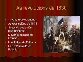 AAss rreevvoolluucciióónnss ddee 11883300 
- 11º vvaaggaa rreevvoolluucciioonnaarriiaa.. 
- AAss rreevvoolluucciióónnss ddee 11884488.. 
- SSeegguunnddaa eexxpplloossiióónn 
rreevvoolluucciioonnaarriiaa.. 
- MMoovveennttoo iinniicciiaaddoo eenn 
FFrraanncciiaa.. 
- LLuuiiss FFeelliippee ddee OOrrllééaannss.. 
- EEnn 11883311 rreevvoollttaa eenn 
PPoolloonniiaa.. 
 