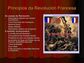 PPrriinncciippiiooss ddaa RReevvoolluucciióónn FFrraanncceessaa 
AAss ccaauussaass ddaa RReevvoolluucciióónn.. 
- DDeessccoonntteennttoo ppooppuullaarr ppoorr ccaauussaass 
eeccoonnóómmiiccaass.. 
- CCrriissee ffiinnaanncciieeiirraa ddaa mmoonnaarrqquuííaa.. 
- RReeffoorrmmaa ffiissccaall.. 
- MMaallaass ccoolllleeiittaass.. 
- MMaarrxxiinnaacciióónn ppoollííttiiccaa ddaa bbuurrgguueessííaa.. 
OO eessttaalliiddoo rreevvoolluucciioonnaarriioo.. 
- AA rreevvoollttaa ddooss pprriivviilleexxiiaaddooss.. 
- CCoonnvvooccaattoorriiaa ddooss EEssttaaddooss XXeerraaiiss.. 
- PPrroobblleemmaa ddoo vvoottoo nnooss EEssttaaddooss XXeerraaiiss.. 
- XXuurraammeennttoo ddoo XXooggoo ddaa PPeelloottaa ((JJeeuu ddee 
PPaauummee)):: AAssaammbblleeaa NNaacciioonnaall.. 
- TToommaa ddaa BBaassttiillllaa.. 
- GGrraann mmeeddoo.. 
- OO RReeii rreeccooññeeccee aa AAssaammbblleeaa NNaacciioonnaall 
CCoonnssttiittuuíínnttee.. 
 