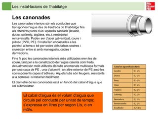 Les instal·lacions de l’habitatge

Les canonades
Les canonades interiors són els conductes que
transporten l’aigua des de l’entrada de l’habitatge fins
als diferents punts d’ús: aparells sanitaris (lavabo,
dutxa, safareig, aigüera, etc.), rentadora i
rentavaixella. Poden ser d’acer galvanitzat, coure i
plàstic (PVC, PE). S’instal·len encastades a les
parets i al terra o bé per sobre dels falsos sostres i
s’uneixen entre si amb maneguets, colzes i
derivacions.
Fins fa poc les canonades interiors més utilitzades eren les de
coure, tant per a la canalització de l’aigua calenta com freda.
Actualment són molt utilitzats els tubs anomenats multicapa formats
per una capa de PE , una d’alumini i un altre exterior de PE amb les
corresponents capes d’adhesiu. Aquets tubs són lleugers, resistents
a la corrosió i s’instal·len fàcilment.
El diàmetre de les canonades està en funció del cabal d’aigua que
cal subministrar.


        El cabal d’aigua és el volum d’aigua que
        circula pel conducte per unitat de temps;
        s’expressa en litres per segon L/s, o en
        m3/s.
 