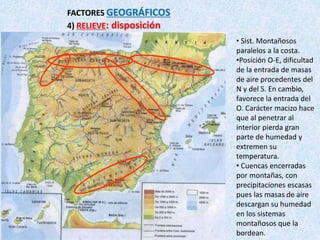 FACTORES GEOGRÁFICOS
4) RELIEVE: disposición
• Sist. Montañosos
paralelos a la costa.
•Posición O-E, dificultad
de la entrada de masas
de aire procedentes del
N y del S. En cambio,
favorece la entrada del
O. Carácter macizo hace
que al penetrar al
interior pierda gran
parte de humedad y
extremen su
temperatura.
• Cuencas encerradas
por montañas, con
precipitaciones escasas
pues las masas de aire
descargan su humedad
en los sistemas
montañosos que la
bordean.
 