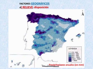 FACTORES GEOGRÁFICOS
d) RELIEVE: disposición
Precipitaciones anuales (en mm)
 