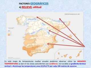 FACTORES GEOGRÁFICOS
4) RELIEVE: altitud
En este mapa de temperaturas medias anuales podemos observar cómo las MENORES
TEMPERATURAS se dan en las zonas coincidentes con cordilleras: eso se debe al gradiente térmico
vertical = disminuye las temperaturas unos 0,5/0,6 ºC por cada 100 metros de ascenso
 