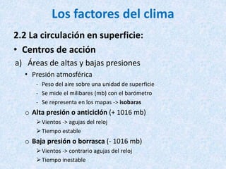 Los factores del clima
2.2 La circulación en superficie:
• Centros de acción
a) Áreas de altas y bajas presiones
• Presión atmosférica
- Peso del aire sobre una unidad de superficie
- Se mide el milibares (mb) con el barómetro
- Se representa en los mapas -> isobaras
o Alta presión o anticiclón (+ 1016 mb)
Vientos -> agujas del reloj
Tiempo estable
o Baja presión o borrasca (- 1016 mb)
Vientos -> contrario agujas del reloj
Tiempo inestable
 