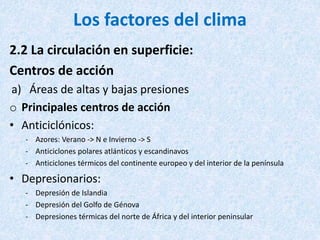 Los factores del clima
2.2 La circulación en superficie:
Centros de acción
a) Áreas de altas y bajas presiones
o Principales centros de acción
• Anticiclónicos:
- Azores: Verano -> N e Invierno -> S
- Anticiclones polares atlánticos y escandinavos
- Anticiclones térmicos del continente europeo y del interior de la península
• Depresionarios:
- Depresión de Islandia
- Depresión del Golfo de Génova
- Depresiones térmicas del norte de África y del interior peninsular
 