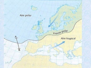 MASAS DE AIRE
• ESTAMOS ENTRE DOS MASAS DE AIRE:
– UNA FRÍA POLAR.
– OTRA CÁLIDA TROPICAL.
– CHOCAN EN NUESTRAS LATITUDES FORMANDO
FRENTES. FRENTE POLAR.
 