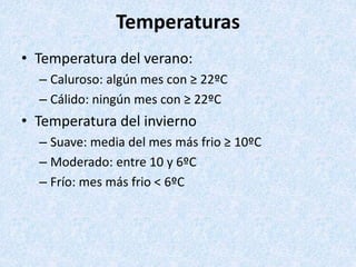 Temperaturas
• Temperatura del verano:
– Caluroso: algún mes con ≥ 22ºC
– Cálido: ningún mes con ≥ 22ºC
• Temperatura del invierno
– Suave: media del mes más frio ≥ 10ºC
– Moderado: entre 10 y 6ºC
– Frío: mes más frio < 6ºC
 