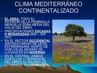 EL AREA : TODO EL INTERIOR DE LA PENÍNSULA, MENOS LA ZONA MEDIA DEL VALLE DEL EBRO. PRECIPITACIONES  ESCASAS O MODERADAS  (800 – 300 mm) EN EL SECTOR  OCCIDENTAL  (ANTIGUO REINO DE LEÓN, EXTREMADURA, NORTE DE HUELVA) EL MÁXIMO DE LLUVIAS ES EN  INVIERNO EN EL CENTRAL (AMBAS CASTILLAS Y DEPRESIÓN DEL EBRO) EL MÁXIMO DE LLUVIAS ES EN  PRIMAVERA CLIMA MEDITERRÁNEO CONTINENTALIZADO 