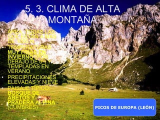 5. 3. CLIMA DE ALTA MONTAÑA ÁREA: TODAS LAS QUE ESTÁN A MÁS DE 1000 m. TEMPERATURAS  MUY FRÍAS EN INVIERNO  (POR DEBAJO DE 0º) Y TEMPLADAS EN VERANO PRECIPITACIONES ELEVADAS Y NIEVE PAISAJE TÍPICO:  BOSQUE DE ABETOS Y PRADERA ALPINA  (CUMBRES) PICOS DE EUROPA (LEÓN) 
