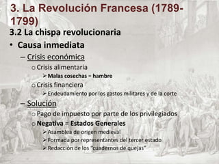 3.2 La chispa revolucionaria
• Causa inmediata
– Crisis económica
oCrisis alimentaria
Malas cosechas = hambre
oCrisis financiera
Endeudamiento por los gastos militares y de la corte
– Solución
oPago de impuesto por parte de los privilegiados
oNegativa = Estados Generales
Asamblea de origen medieval
Formada por representantes del tercer estado
Redacción de los “cuadernos de quejas”
3. La Revolución Francesa (1789-
1799)
 