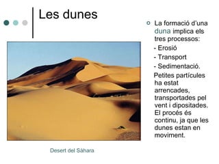 Les dunes La formació d’una  duna  implica els tres processos: - Erosió - Transport - Sedimentació. Petites partícules ha estat arrencades, transportades pel vent i dipositades. El procés és continu, ja que les dunes estan en moviment. Desert del Sàhara 